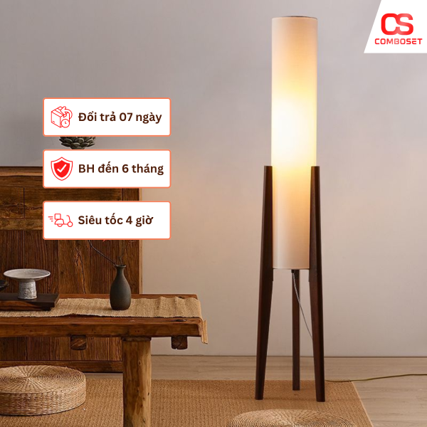 Đèn Sàn Phong Cách Wabi Sabi Nhật Bản, Hình Trụ Tròn Đế Gỗ Màu Đen Óc Chó Trang Trí Phòng Trà - Ảnh 2