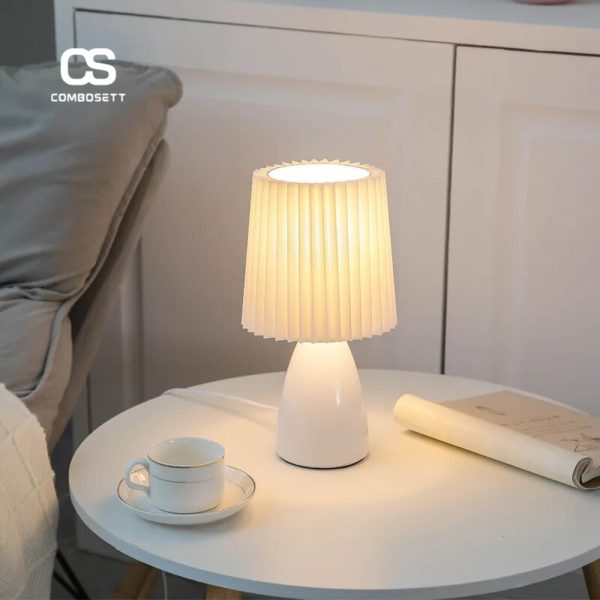 Đèn Bàn Hồng Dạ Quang Bằng Gốm Chao Đèn Xếp Li Bằng Vải Đèn Để Bàn, Đèn Ngủ, Đèn Văn Phòng - Hình ảnh 2