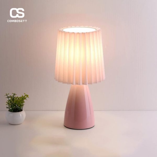 Đèn Bàn Hồng Dạ Quang Bằng Gốm Chao Đèn Xếp Li Bằng Vải Đèn Để Bàn, Đèn Ngủ, Đèn Văn Phòng - Hình ảnh 7