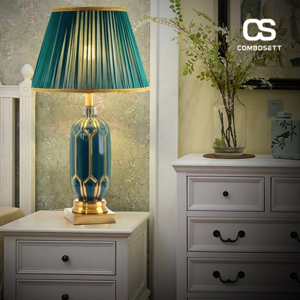 Đèn Để Bàn Gốm Xanh Ngọc Chao Vải Đế Kim Loại Mạ Vàng Decor - Hình ảnh 7