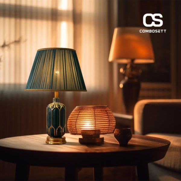 Đèn Để Bàn Gốm Xanh Ngọc Chao Vải Đế Kim Loại Mạ Vàng Decor - Hình ảnh 4