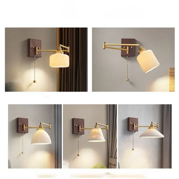 (3 chế độ AS) Đèn gắn tường gỗ óc chó đèn LED 13W chao sứ cổ điển cao cấp decor đầu giường phòng ngủ, đèn tường đọc sách – SKU 5089