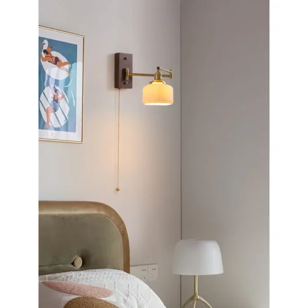 (3 chế độ AS) Đèn gắn tường gỗ óc chó đèn LED 13W chao sứ cổ điển cao cấp decor đầu giường phòng ngủ, đèn tường đọc sách – SKU 5089 - Hình ảnh 4