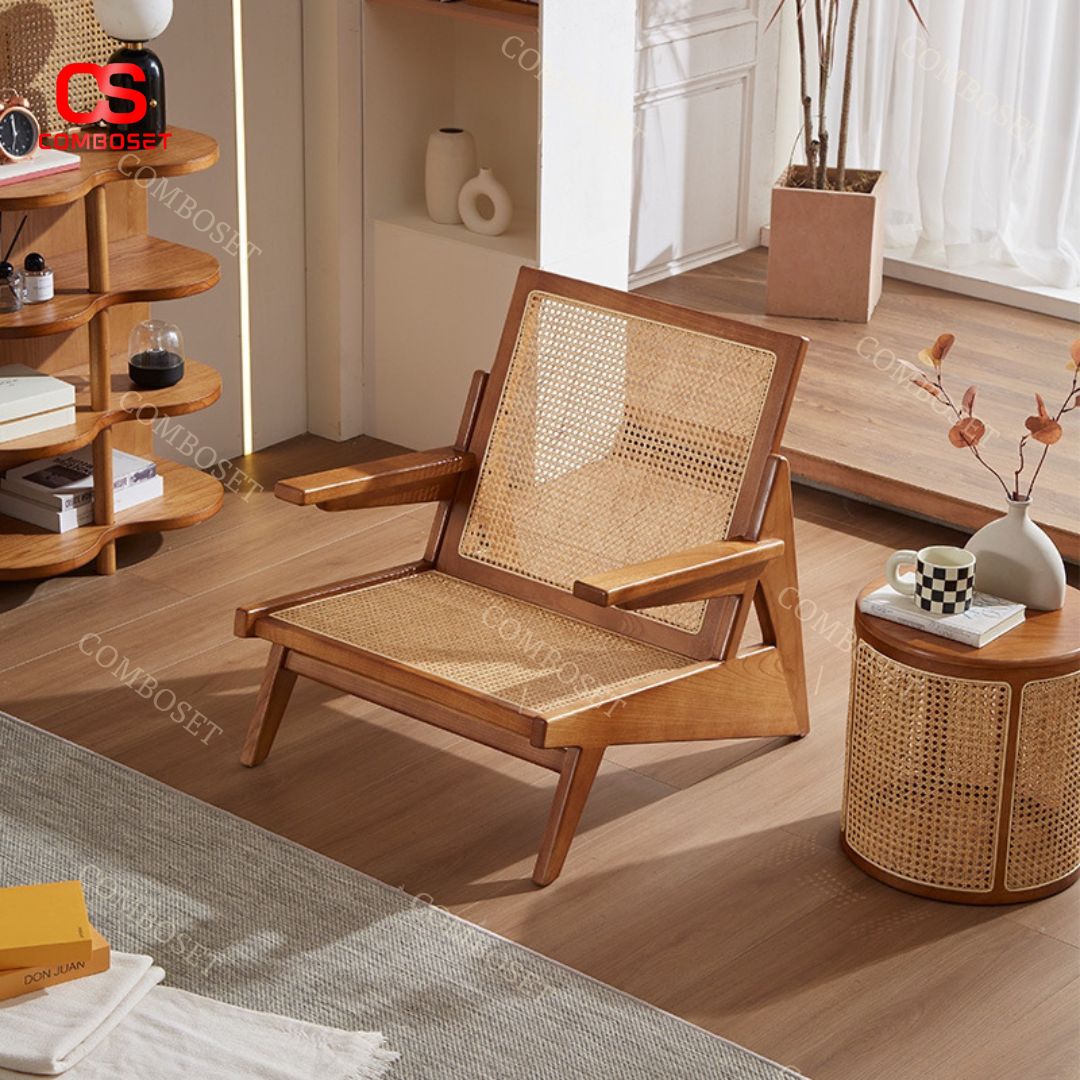 Ghế sofa thư giãn khung gỗ lưng mây có 4 màu: Màu gỗ, màu óc chó, màu anh đào, đen retro