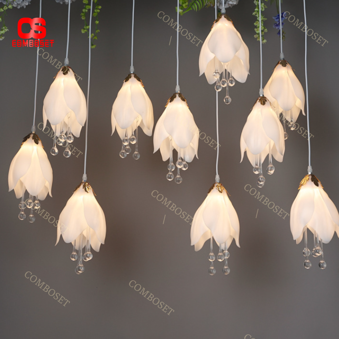 Bộ 10 đèn thả trần hoa mộc lan với thiết kế đơn giản cùng tông màu trắng sang trọng