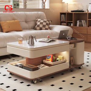 Bàn cafe nặt đá có bánh xe được thiết kế với nhiều công năng kết hợp