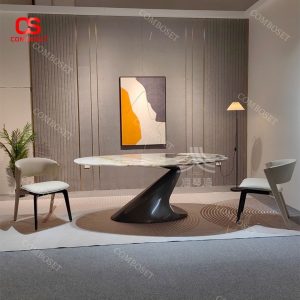 Bàn ăn thép không gỉ hình bầu dục decor không gian nhà hàng, khách sạn