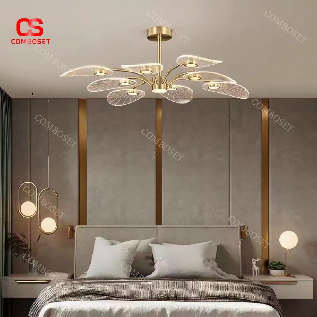 Đèn chùm đồng Bắc Âu với thiết 9 cnahs tay hình chiếc lá