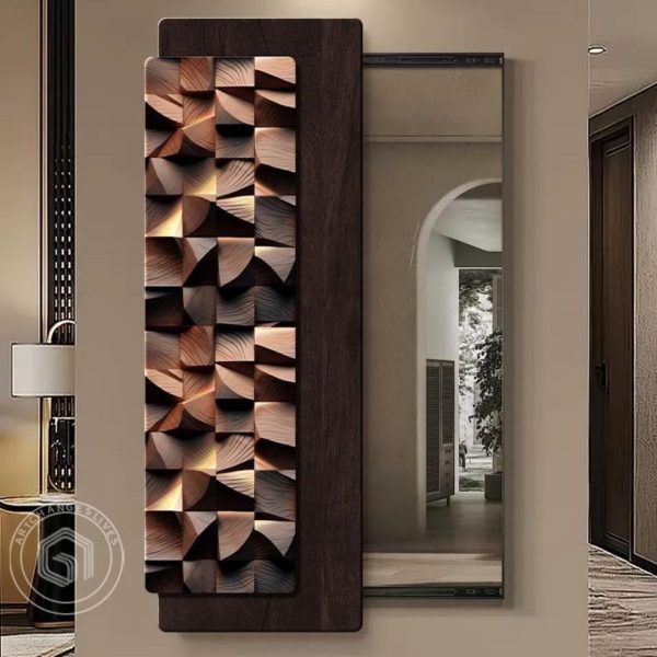 Gương Dài Ẩn Ba Chiều Kết Hợp Tranh Led Gỗ Mosaic Thủ Công Màu Nâu Vàng Ghi Decor Quán Cà Phê - Hình ảnh 6
