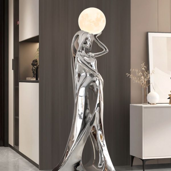 Tượng Thiếu Nữ Nâng Đèn Trăng Tròn Để Sàn Decor Nhiều Không Gian, Quà Tặng Tân Gia Ý Nghĩa - Hình ảnh 5