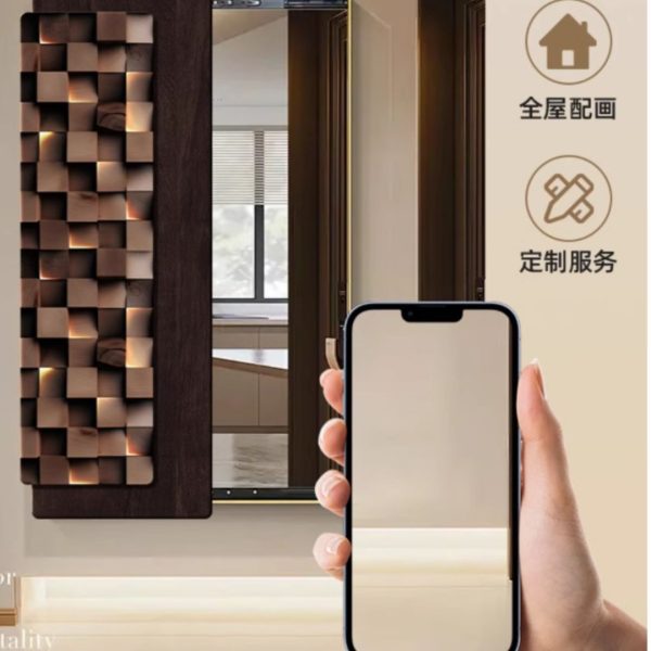 Gương Dài Ẩn Ba Chiều Kết Hợp Tranh Led Gỗ Mosaic Thủ Công Màu Nâu Vàng Ghi Decor Quán Cà Phê - Hình ảnh 4