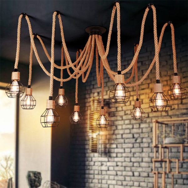 Đèn Chùm Thả Dây Gai Chao Sắt, Đèn Thả Dây Thừng Mạng Nhện Thiết Kế Mới Lạ Decor Phòng Ăn - Hình ảnh 3