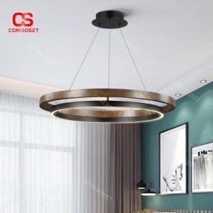 Đèn Chùm 2 Vòng Tròn Gỗ Nhôm Retro Không Gian Nội Thất Tối Giản Cổ Điển