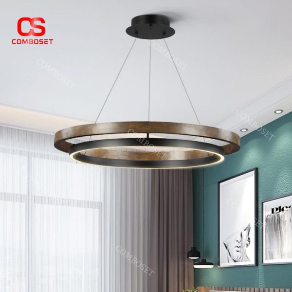 Đèn Chùm 2 Vòng Tròn Gỗ Nhôm Retro Không Gian Nội Thất Tối Giản Cổ Điển