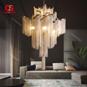 Đèn Chùm Thép Dây Chuyền Nhôm Tua Rua Nghệ Thuật Decor Biệt Thự Hoàng Gia Độc Đáo