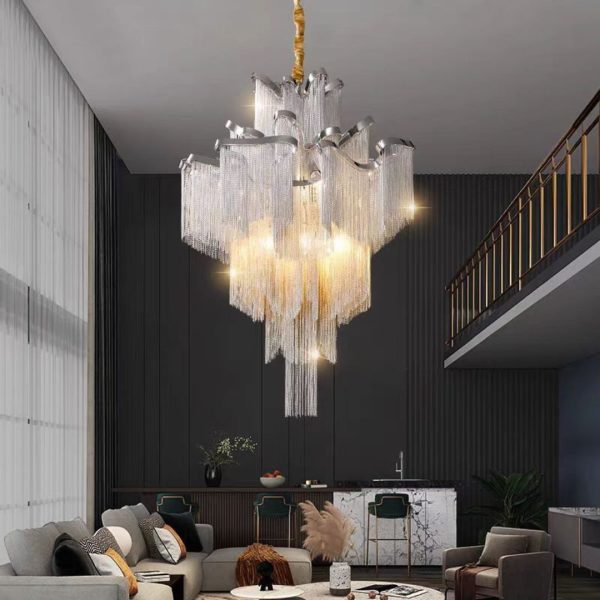 Đèn Chùm Thép Dây Chuyền Nhôm Tua Rua Nghệ Thuật Decor Biệt Thự Hoàng Gia Độc Đáo