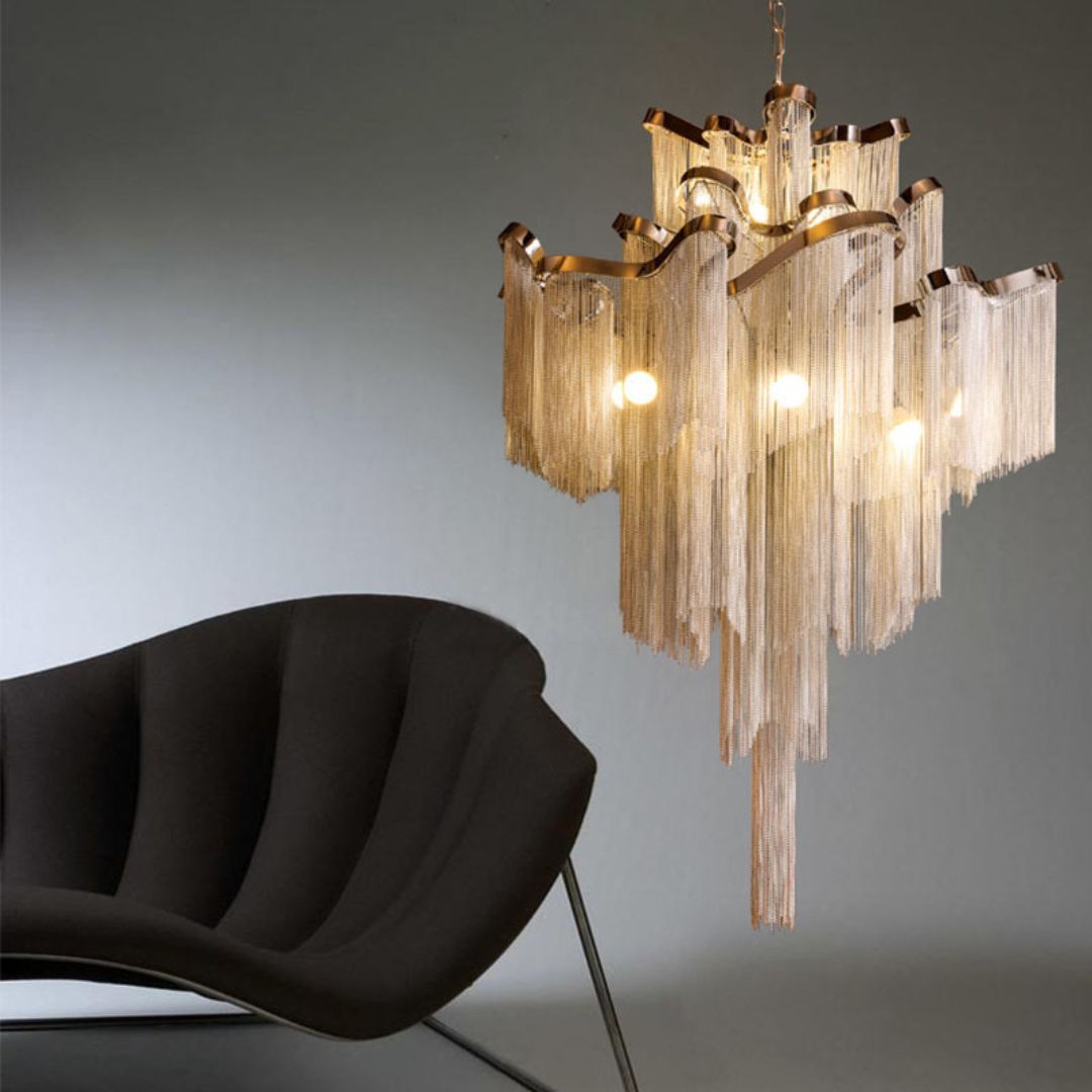 Đèn Chùm Thép Dây Chuyền Nhôm Tua Rua Nghệ Thuật Decor Biệt Thự Hoàng Gia Độc Đáo