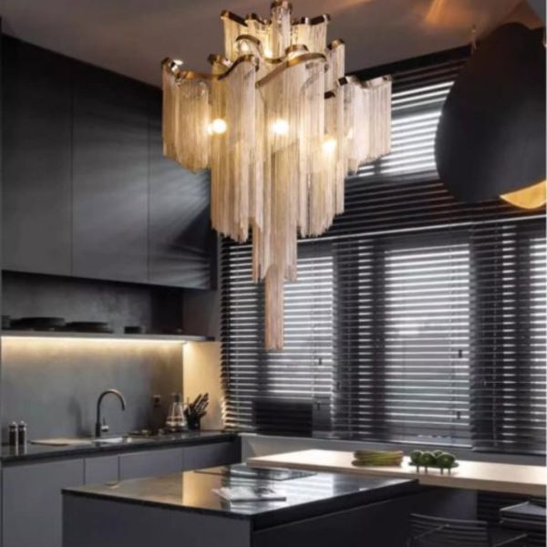 Đèn Chùm Thép Dây Chuyền Nhôm Tua Rua Nghệ Thuật Decor Biệt Thự Hoàng Gia Độc Đáo