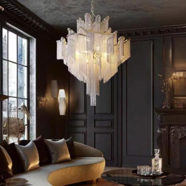 Đèn Chùm Thép Dây Chuyền Nhôm Tua Rua Nghệ Thuật Decor Biệt Thự Hoàng Gia Độc Đáo
