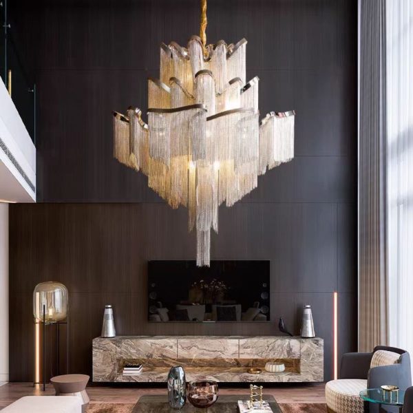 Đèn Chùm Thép Dây Chuyền Nhôm Tua Rua Nghệ Thuật Decor Biệt Thự Hoàng Gia Độc Đáo