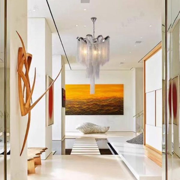 Đèn Chùm Thép Dây Chuyền Nhôm Tua Rua Nghệ Thuật Decor Biệt Thự Hoàng Gia Độc Đáo