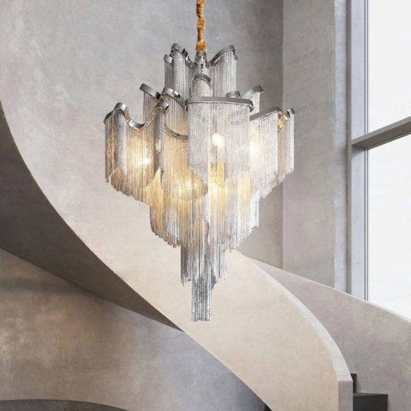 Đèn Chùm Thép Dây Chuyền Nhôm Tua Rua Nghệ Thuật Decor Biệt Thự Hoàng Gia Độc Đáo