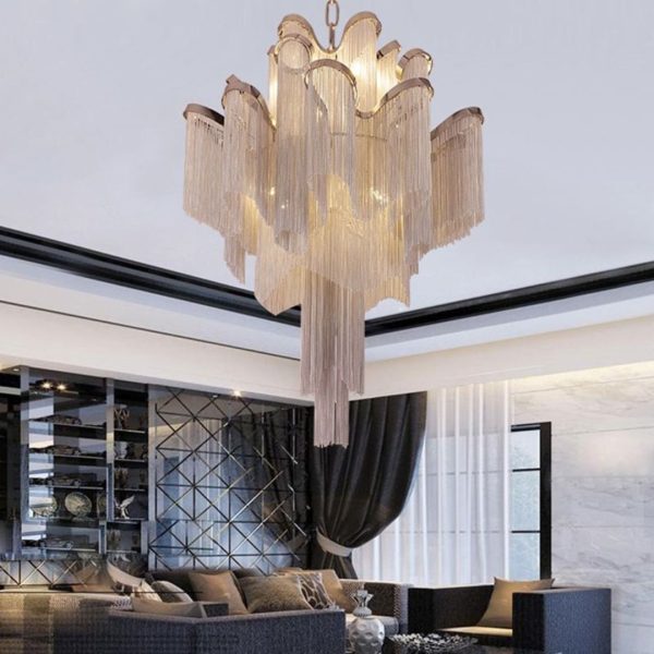 Đèn Chùm Thép Dây Chuyền Nhôm Tua Rua Nghệ Thuật Decor Biệt Thự Hoàng Gia Độc Đáo