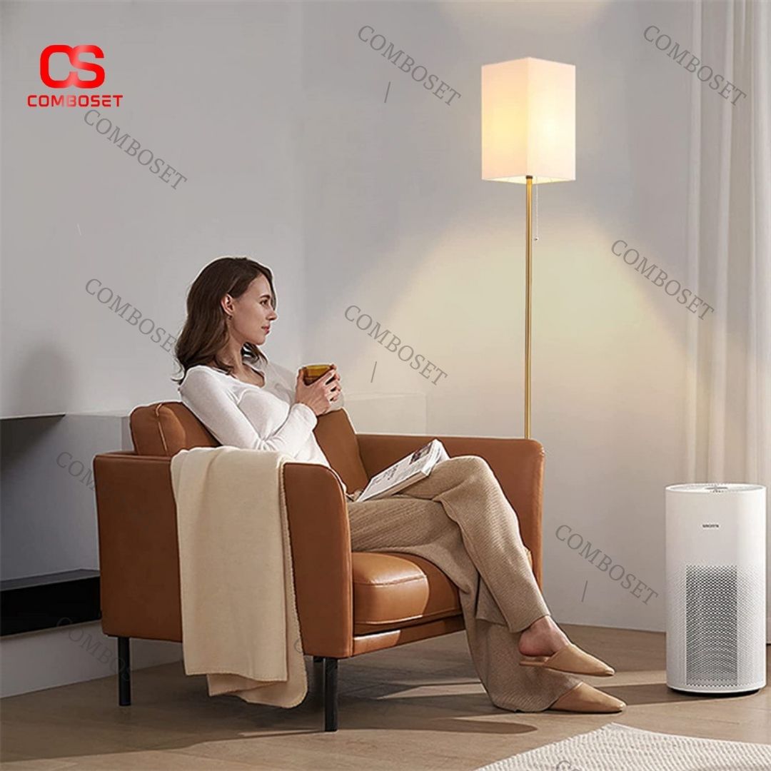 Đèn sàn chao vải hình hộp chữ nhật với thiết kế đơn giản nhẹ nhàng, tinh tế