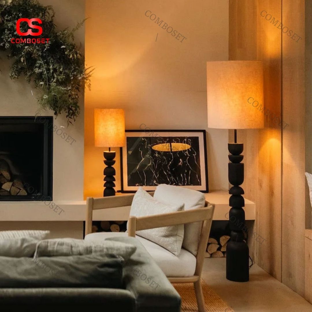 Đèn cây đứng gỗ nguyên khối với thiết kế mộc mạc, đơn giản nhẹ nhàng