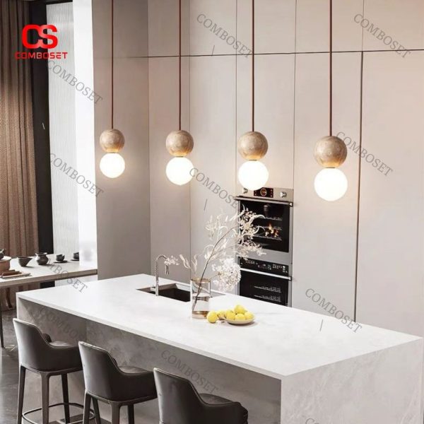 Đèn thả trần hình cầu đá travertine với kiểu dáng đơn giản cùng thiết kế nổi bật