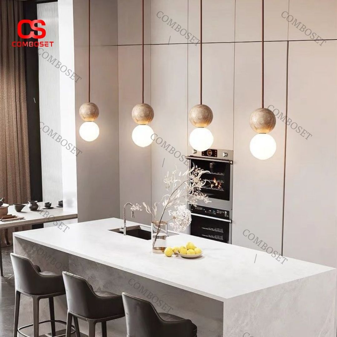 Đèn thả trần hình cầu đá travertine với kiểu dáng đơn giản cùng thiết kế nổi bật