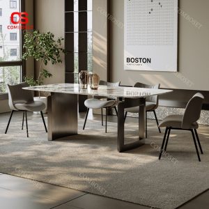 Bàn ăn mặt đá ceramic 2 chân trụ với thiết kế độc đáo mang sự sang trọng và hiện đại
