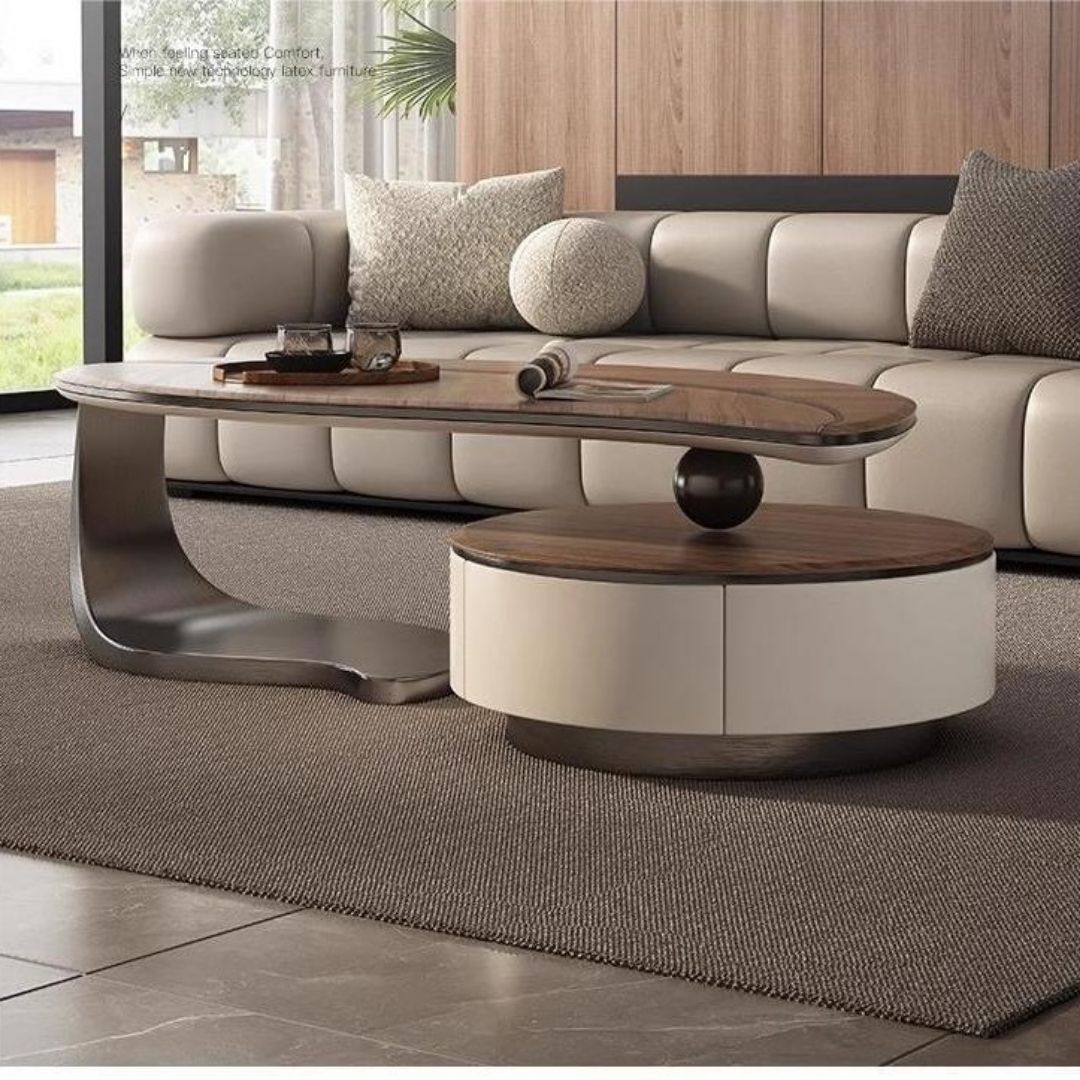 Bàn sofa hình chiếc lá lấy với sự kết hợp của hai chất liệu gỗ và thép không gỉ