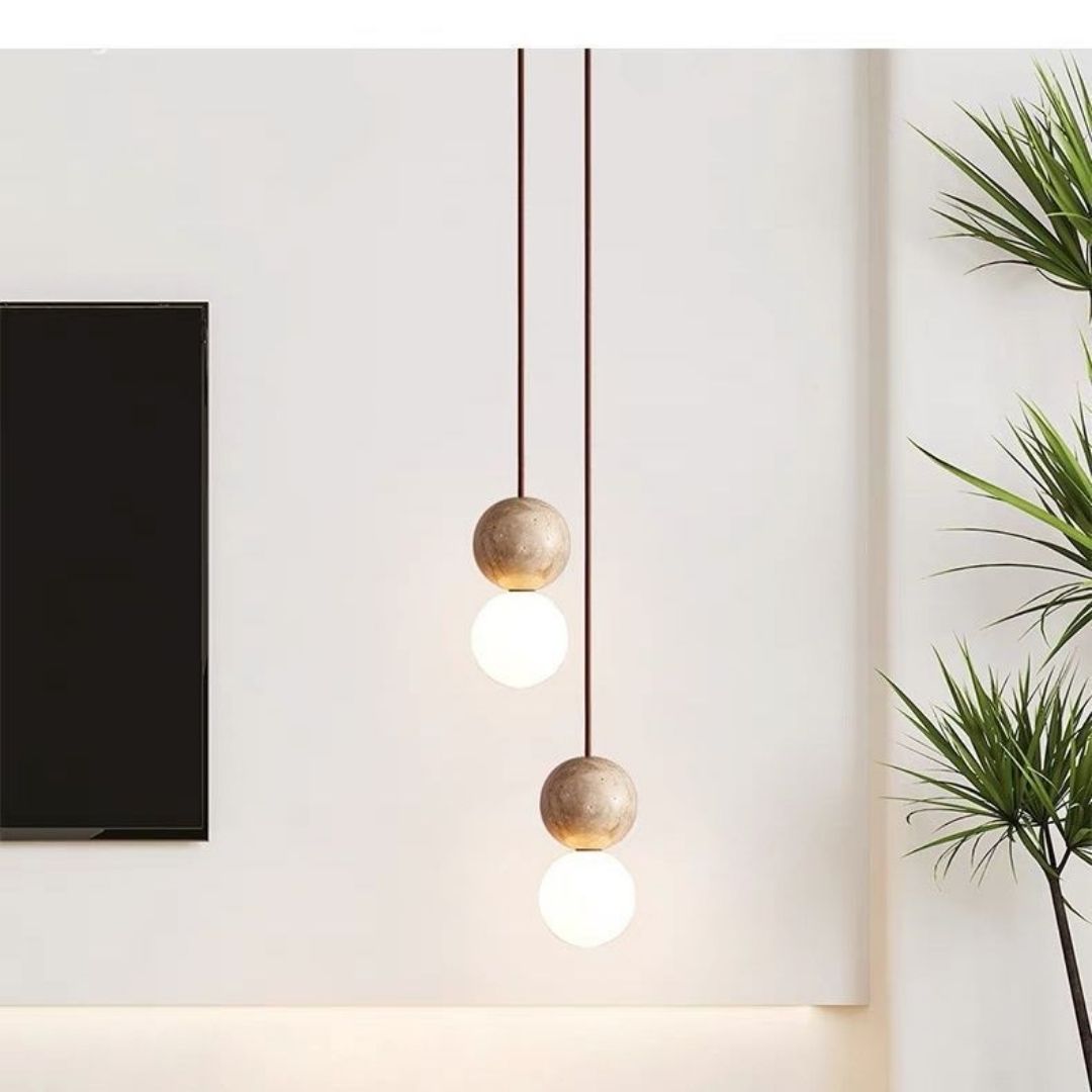 Đèn thả trần hình cầu đá travertine được sử dụng rộng rãi trong nhiều không gian