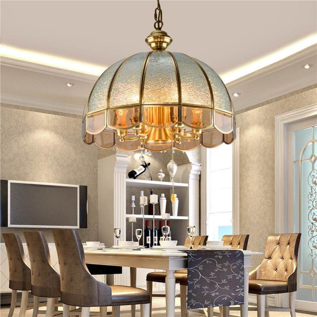 Đèn thả đồng mái vòm cổ điển decor không không gian phòng ăn