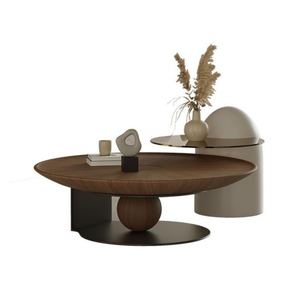 Bộ 2 bàn trà wabi-sabi gỗ óc chó với Chân đế bằng thép không gỉ titan mạ điện màu đen