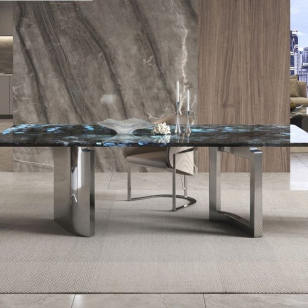 Bàn Ăn Mặt Đá Ceramic 2 Chân Trụ, Bàn Ăn Hình Chữ Nhật Thép Không Gỉ, Bàn Ăn Phong Cách Ý - Hình ảnh 4