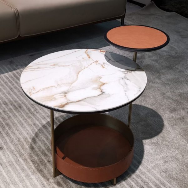 Bàn Cafe Đá Phiến 3 Tầng Hiện Đại Màu Đỏ Cam Trang Trí Sofa Phòng Khách