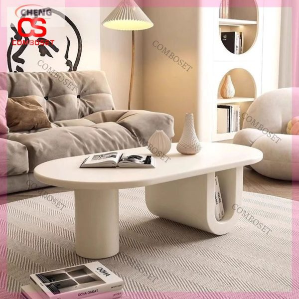 Bàn Gỗ Phòng Khách Hình Chữ U Sáng Tạo Màu Kem Thanh Lịch Có Ngăn Đựng Sách Remote