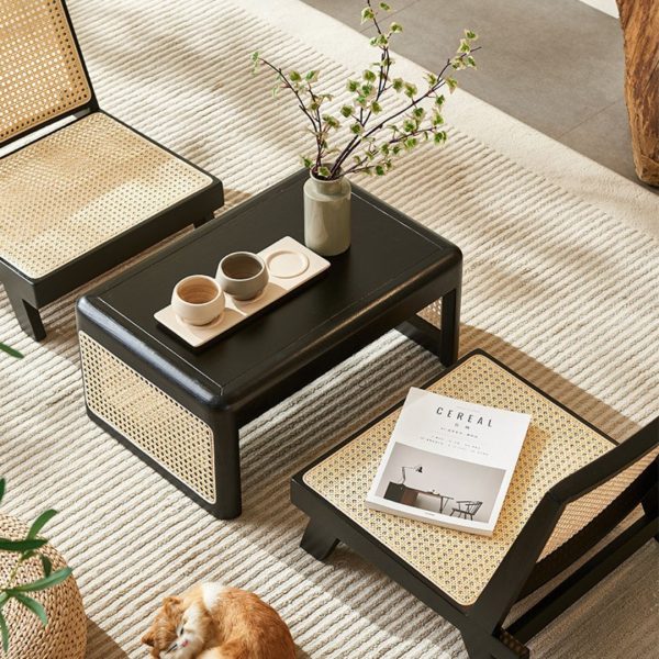 Bộ Bàn Ghế Gỗ Ngồi Sàn Bằng Mây Đan Xen Thiên Nhiên Trang Trí Phòng Trà Phong Cách Truyền Thống