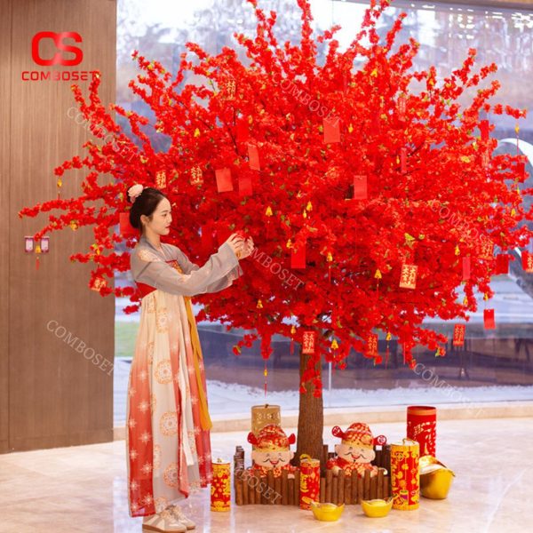 Cây Hoa Đào Màu Đỏ Nhân Tạo Rực Rỡ Đón Xuân, May Mắn Tài Lộc Decor Sảnh Khách Sạn, Nhà Hàng