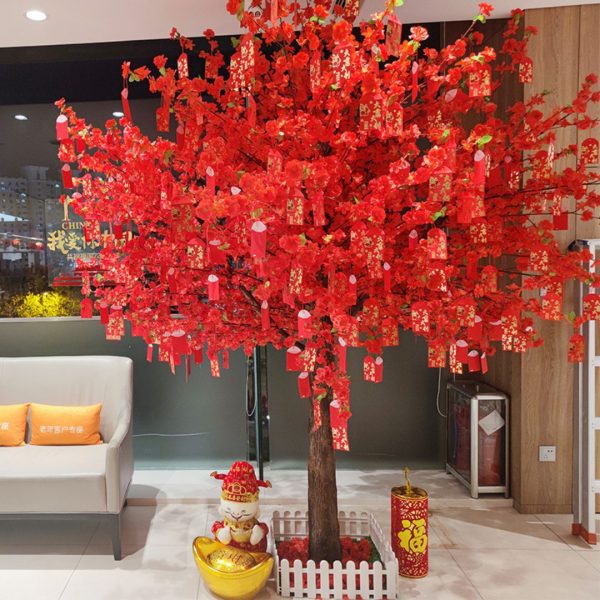 Cây Hoa Đào Màu Đỏ Nhân Tạo Rực Rỡ Đón Xuân, May Mắn Tài Lộc Decor Sảnh Khách Sạn, Nhà Hàng