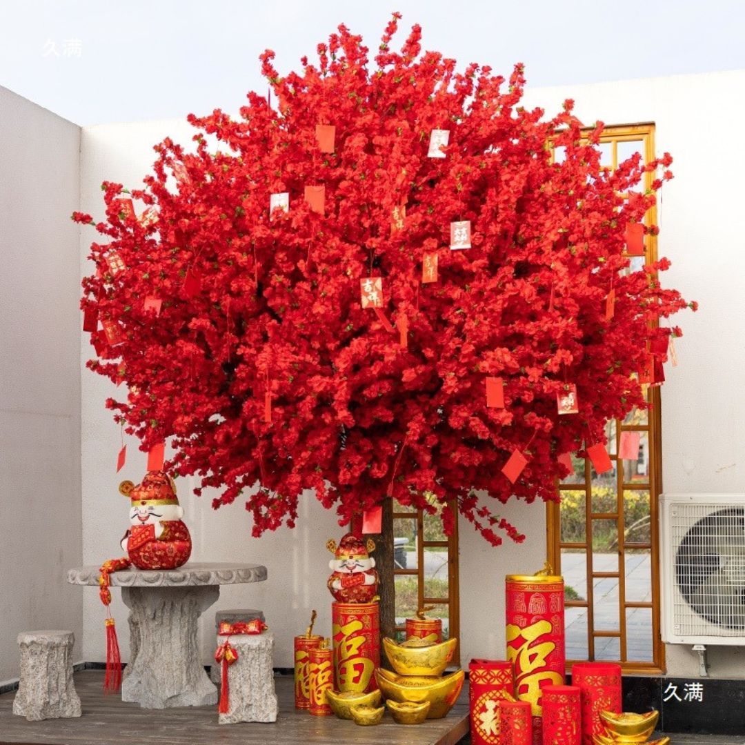 Cây Hoa Đào Màu Đỏ Nhân Tạo Rực Rỡ Đón Xuân, May Mắn Tài Lộc Decor Sảnh Khách Sạn, Nhà Hàng