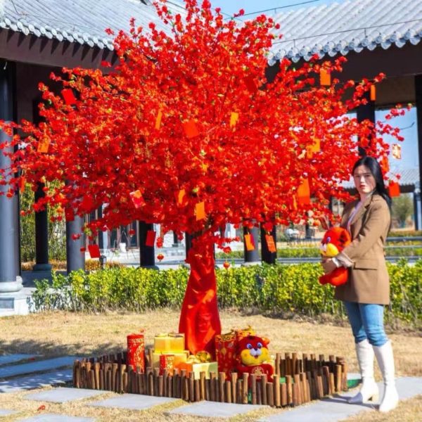Cây Hoa Đào Màu Đỏ Nhân Tạo Rực Rỡ Đón Xuân, May Mắn Tài Lộc Decor Sảnh Khách Sạn, Nhà Hàng