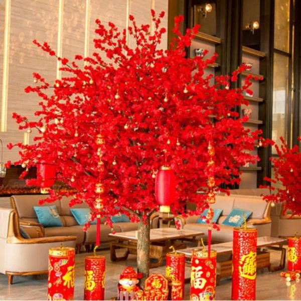 Cây Hoa Đào Màu Đỏ Nhân Tạo Rực Rỡ Đón Xuân, May Mắn Tài Lộc Decor Sảnh Khách Sạn, Nhà Hàng