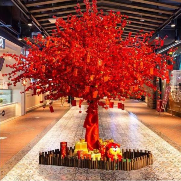 Cây Hoa Đào Màu Đỏ Nhân Tạo Rực Rỡ Đón Xuân, May Mắn Tài Lộc Decor Sảnh Khách Sạn, Nhà Hàng