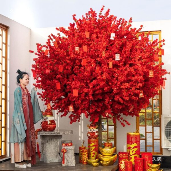 Cây Hoa Đào Màu Đỏ Nhân Tạo Rực Rỡ Đón Xuân, May Mắn Tài Lộc Decor Sảnh Khách Sạn, Nhà Hàng