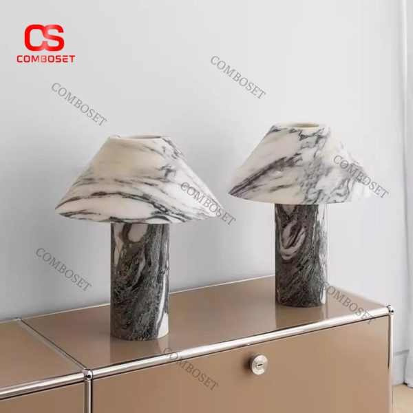 Đèn Bàn Cây Nấm Đá Cẩm Thạch Tự Nhiên Vân Trắng Đen Phong Cách Trung Cổ