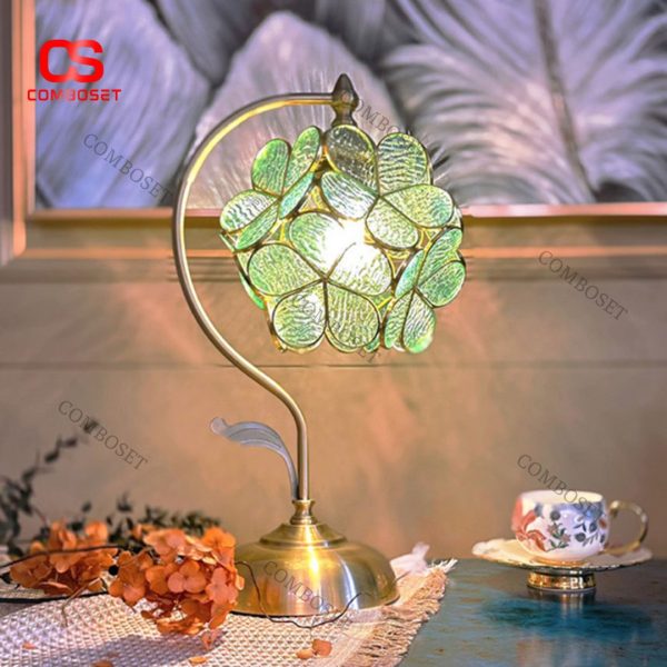 Đèn Bàn Hoa 5 Cánh Màu Xanh Hồng Phong Cách Cổ Điển Pháp Decor Bàn Làm Việc, Phòng Ngủ