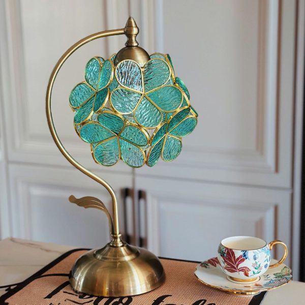 Đèn Bàn Hoa 5 Cánh Màu Xanh Hồng Phong Cách Cổ Điển Pháp Decor Bàn Làm Việc, Phòng Ngủ